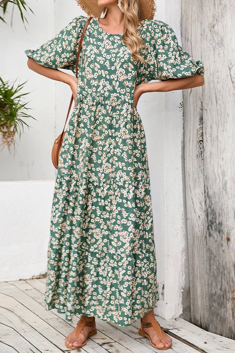 CWDMD4104_LOOSE ROUND NECK SHORT SLEEVE FLORAL DRESS