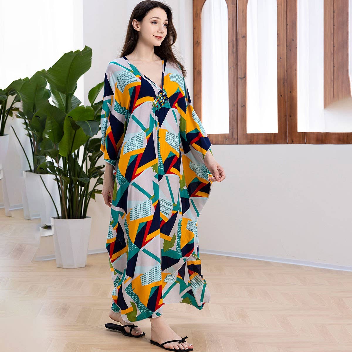 Cotton Print Geometric Beach Cover-Up Dress