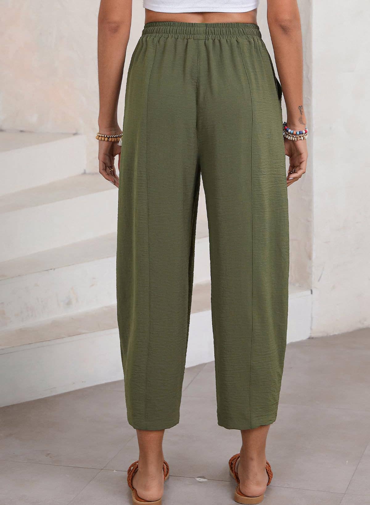 High-waisted loose casual pocket nine-inch pants