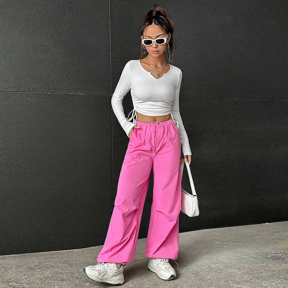 DRAWSTRING V-NECK LONG SLEEVE SHORT T-SHIRT