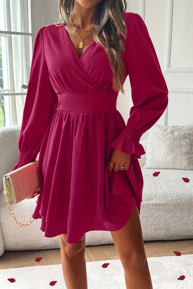 CWDSD8108_SUMMER V-NECK DOUBLE WAIST DRESS