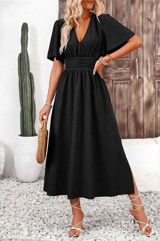 CWDMD4879_LOTUS LEAF SLEEVE SLIT ELASTIC WAIST DRESS