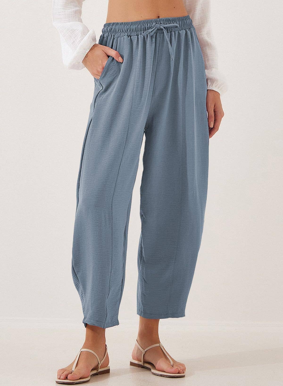 High-waisted loose casual pocket nine-inch pants