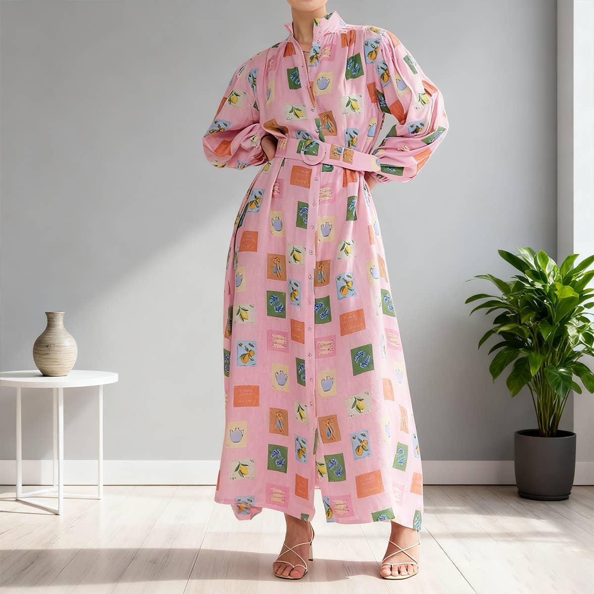 Printed single-breasted cinched waist dress