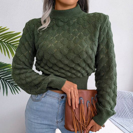 WOMEN SCALES PATTERN KNITTED HIGH NECK SWEATER_CWOSWL0465