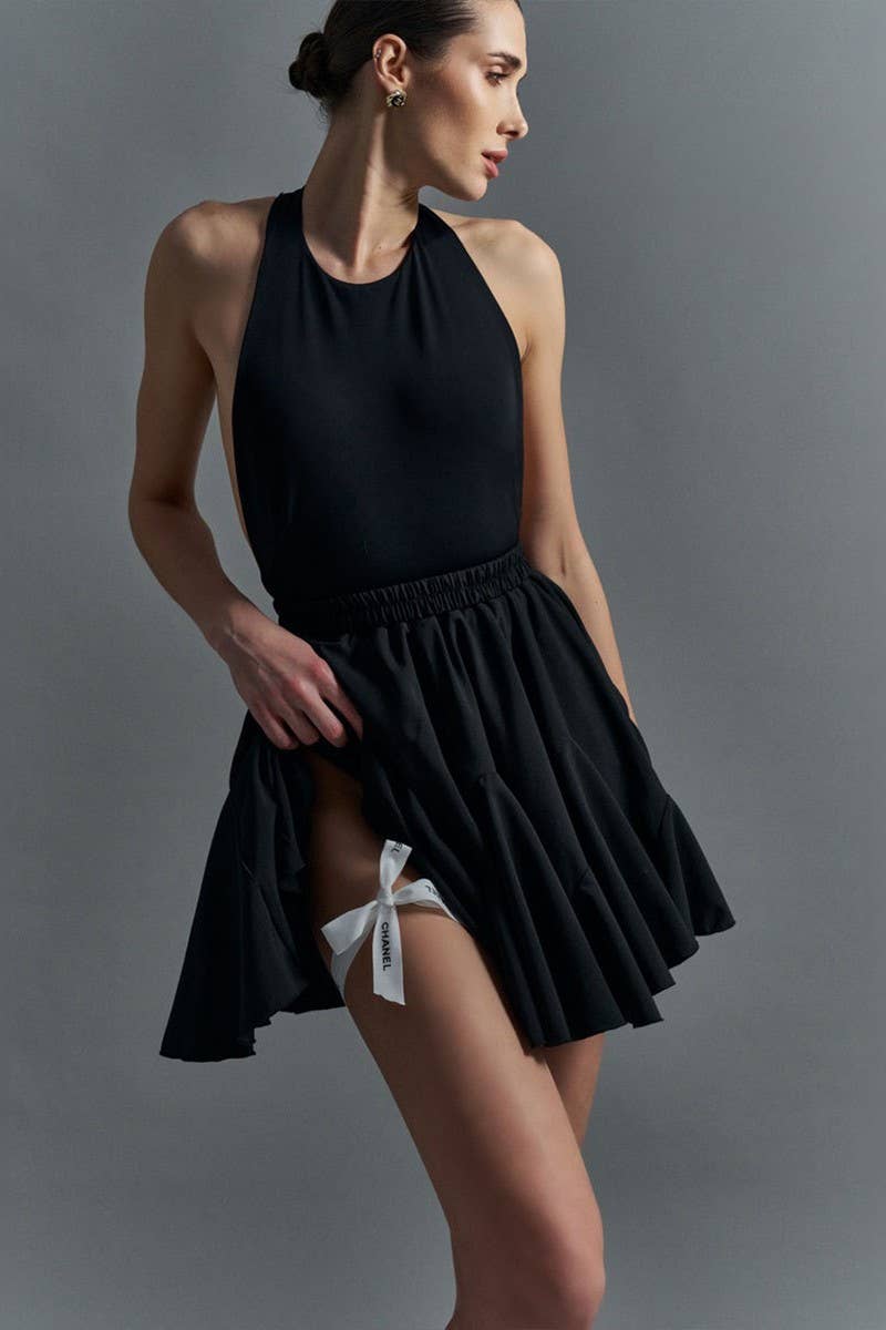 CWBSS0445_PATCHWORK RUFFLE PLEATED MINI SKIRT