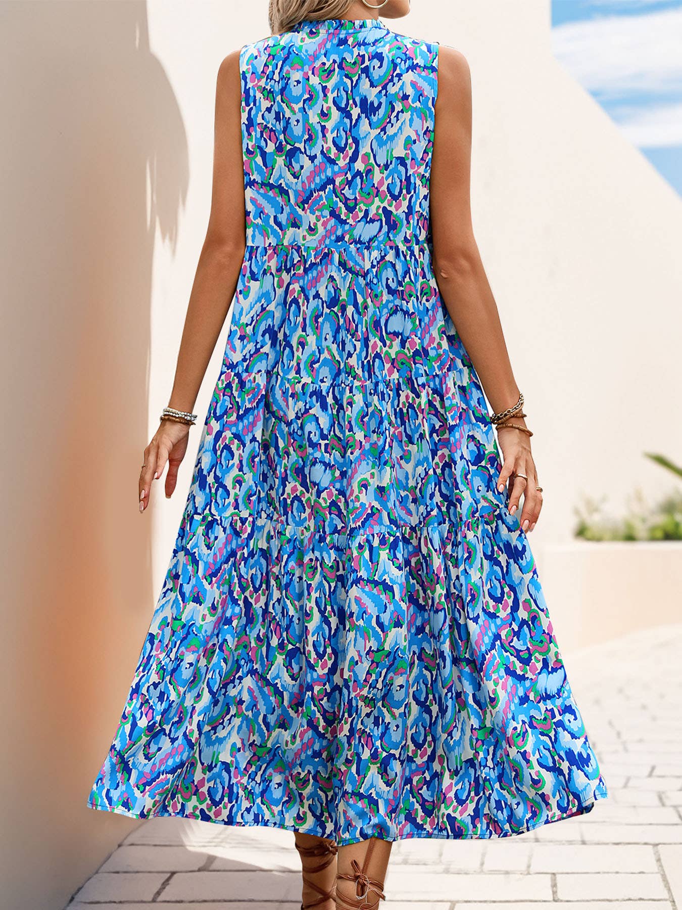 Ethnic print sleeveless V-neck long loose dress