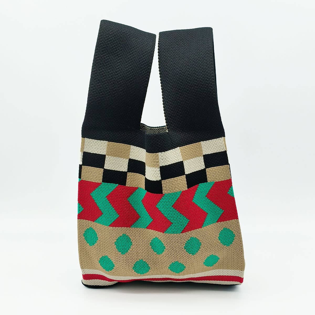 COLOR BLOCK POLKA DOT KNITTED SHOULDER TOTE BAG_CWAB1500