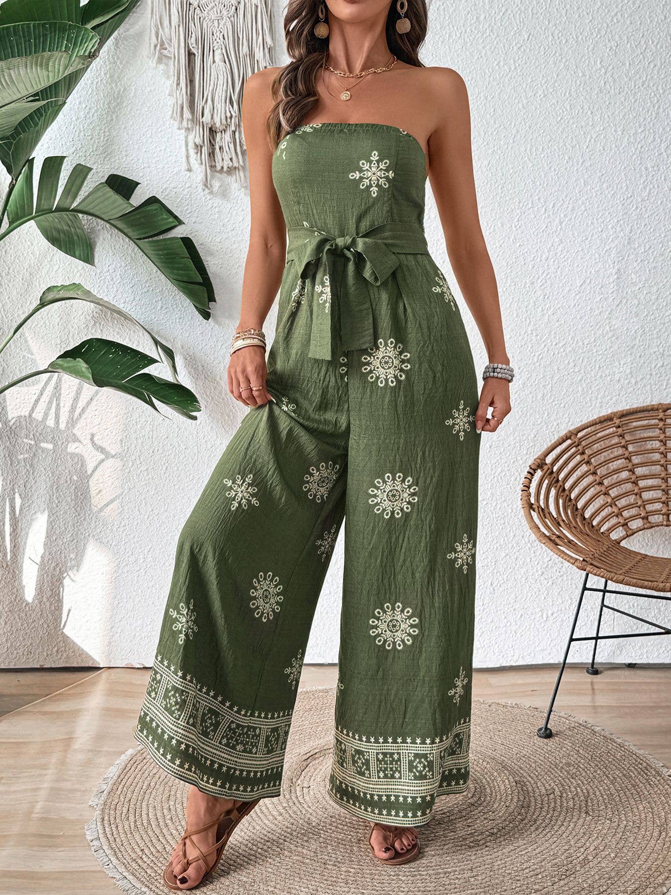 Strapless snowflake print high-waisted jumpsuits