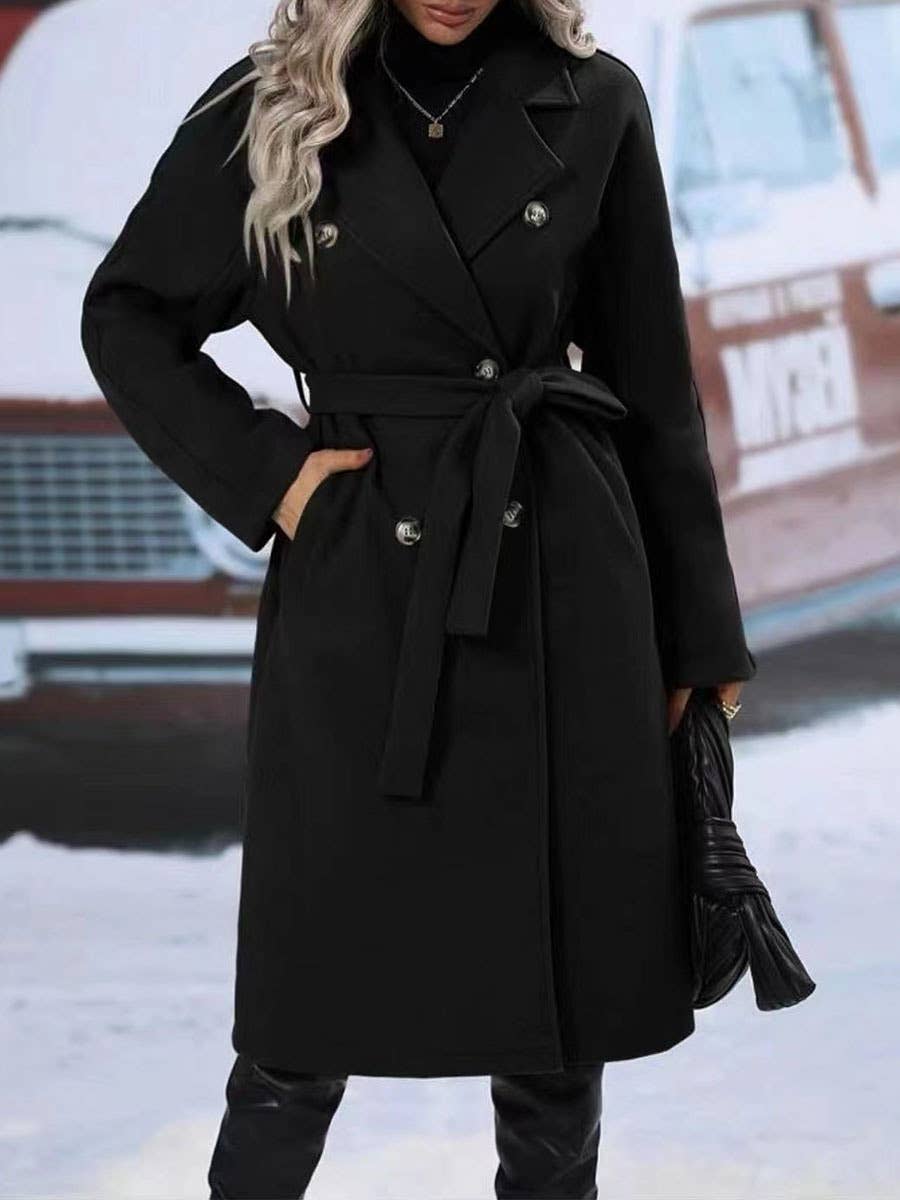 Thickened lapel tie double-breasted longer coat