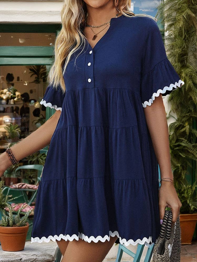 SOLID COLOR BABY DRESS WITH LACE V-NECK