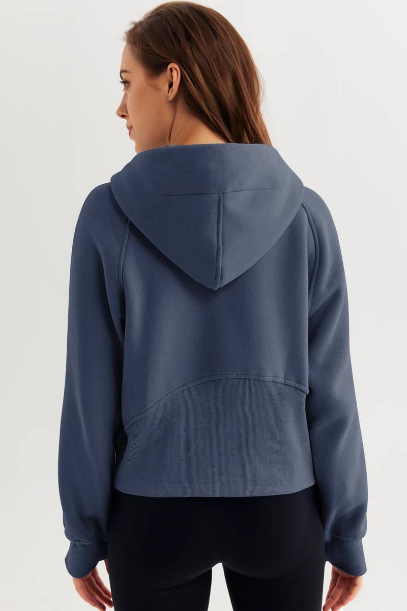 CWOHOL00598_SOLID COLOR CASUAL HALF-ZIP CROPPED HOODIE