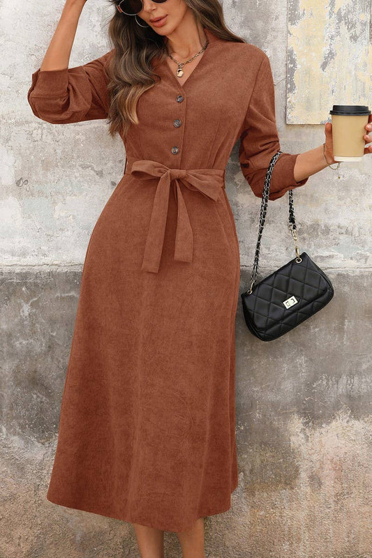 CWDMD01047_BROWN CORDUROY V-NECK LACE-UP COMMUTER DRESS