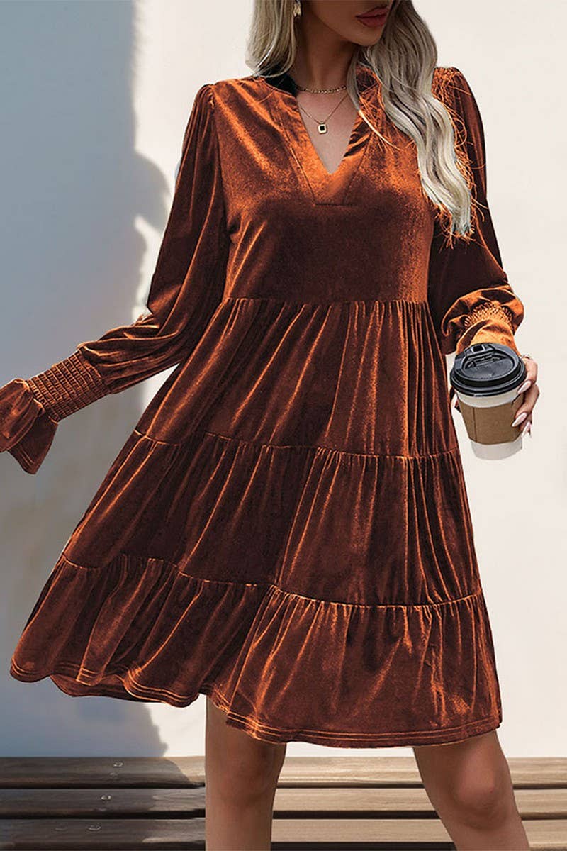 CWDMD3552_V-NECK LONG-SLEEVED SOLID COLOR VELVET DRESS