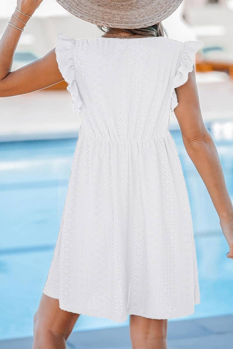 CWDSD8697_LACE TRIM V-NECK EYELET SHORT SLEEVE COVER DRESS