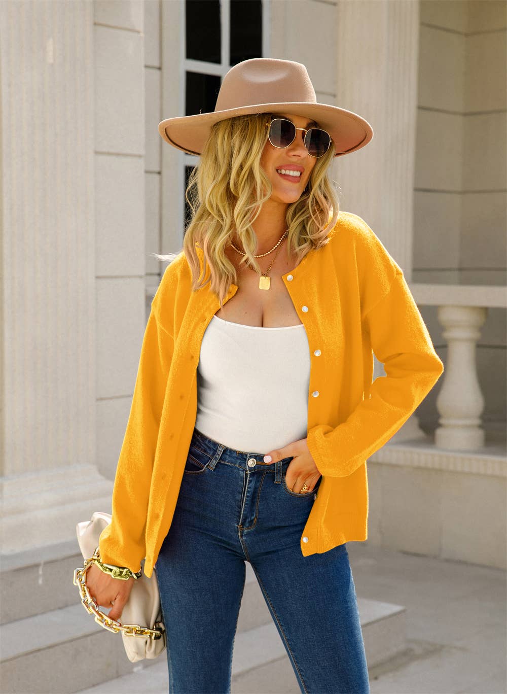 TEMPERAMENT BUTTON KNIT SOLID COLOR CARDIGAN