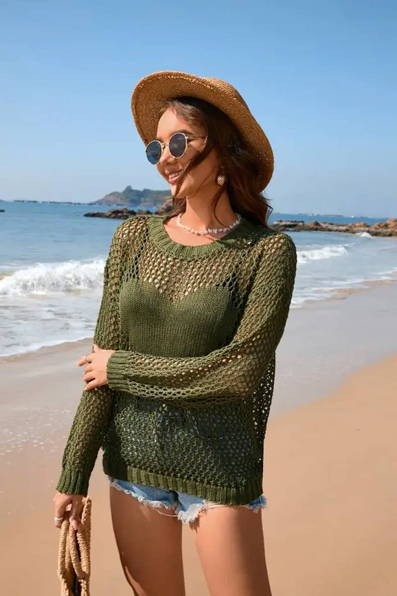 CWTTL1991_SUMMER ROUND NECK HEART SOLID COLOR BEACH COVER UP