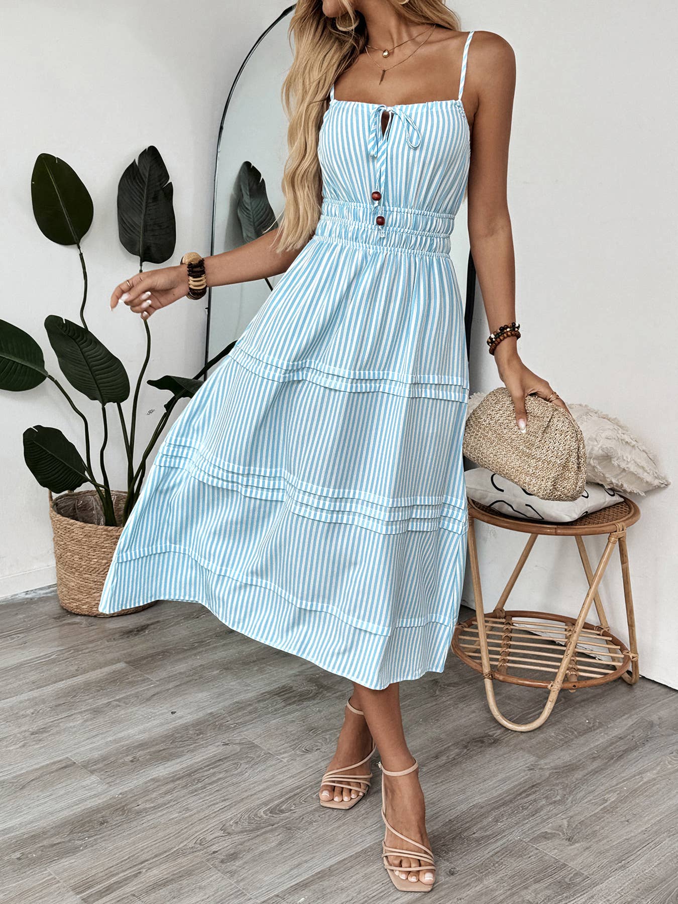 Square-neck lace-up sleeveless striped dress