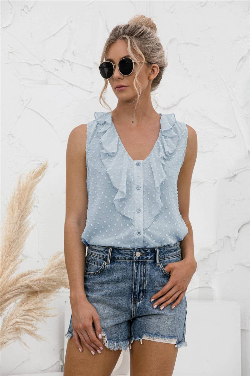 SEXY V NECK RUFFLED HALTER BUTTON SHIRT_CWTSTSL0050