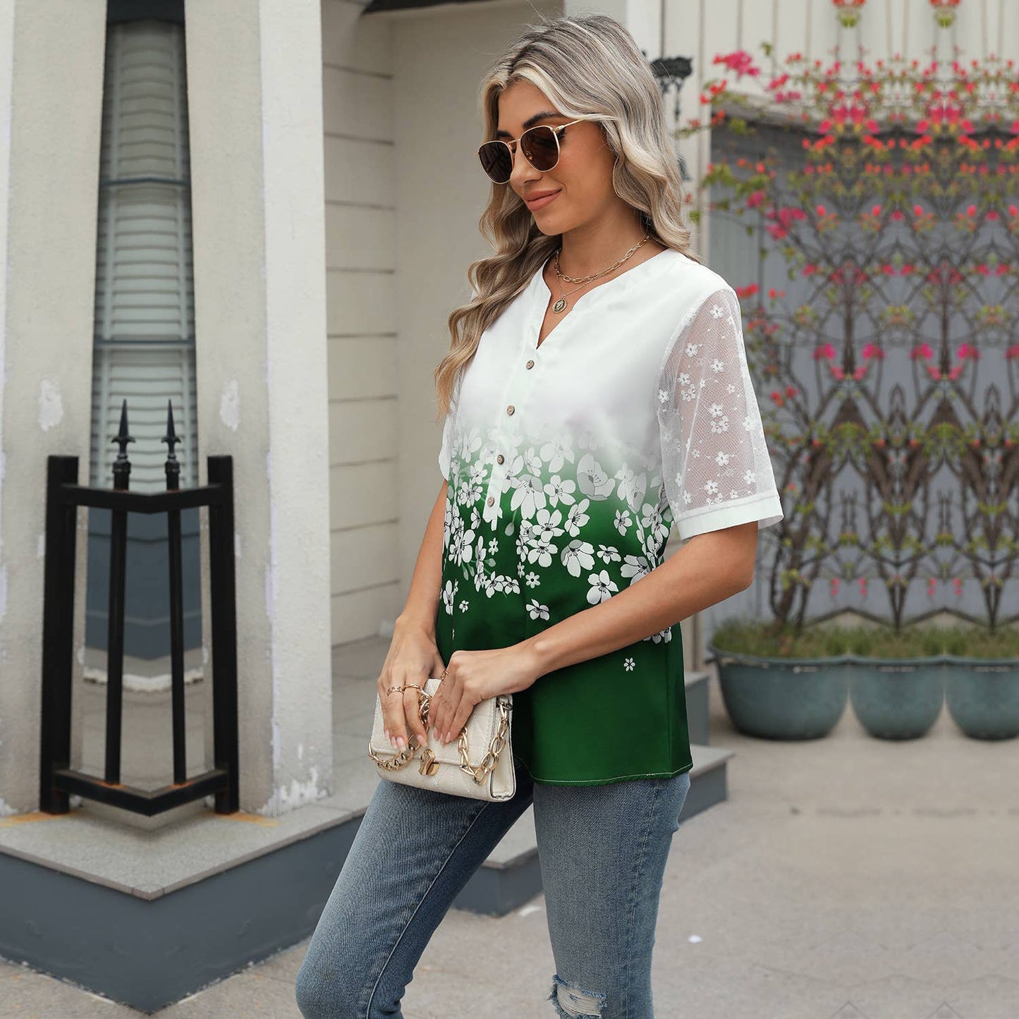 V-neck printed chiffon top with lace sleeves