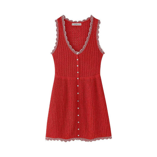 Jacquard mesh knit single-breasted mini dress
