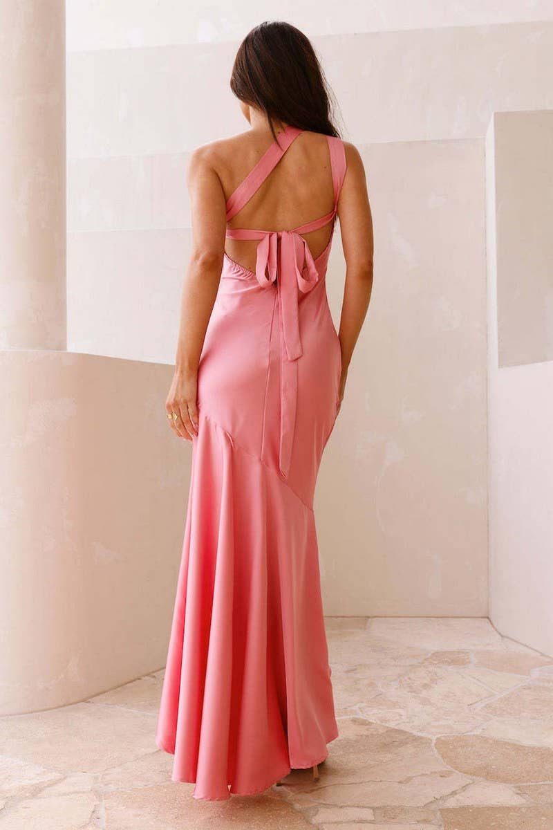 CWDMD5584_ONE SHOULDER BACKLESS TIE FISHTAIL BODYCON DRESS
