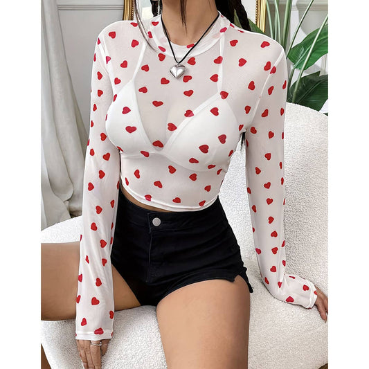 CUTE HEART PRINT MESH ROUND NECK LONG SLEEVE TOP