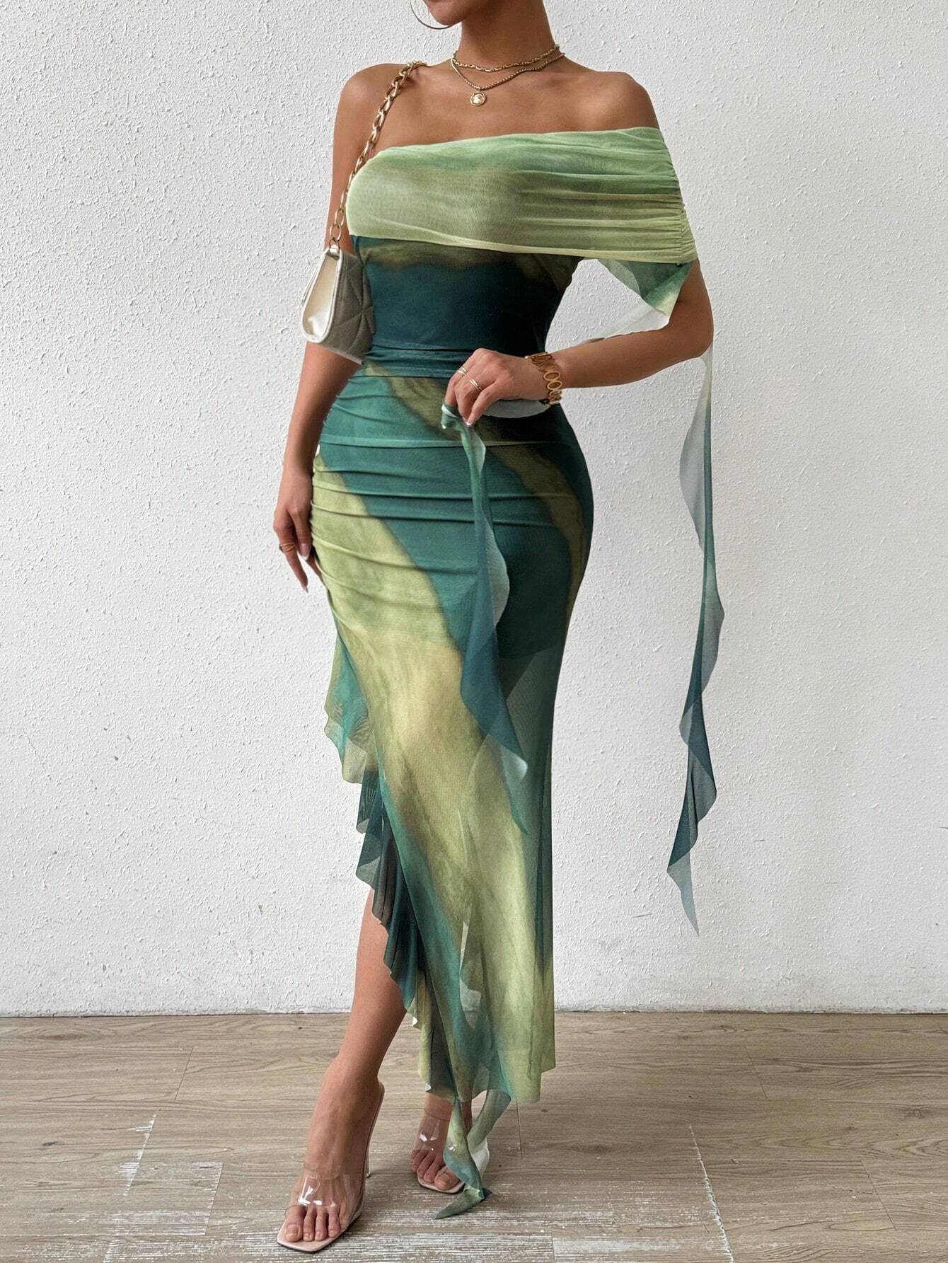 Women¡¯s ruched strapless split mesh ruffle dress