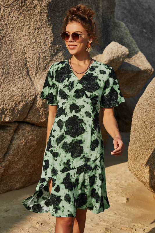 SHORT SLEEVE HIGH WAIST A-LINE SLIT SLIM DRESS