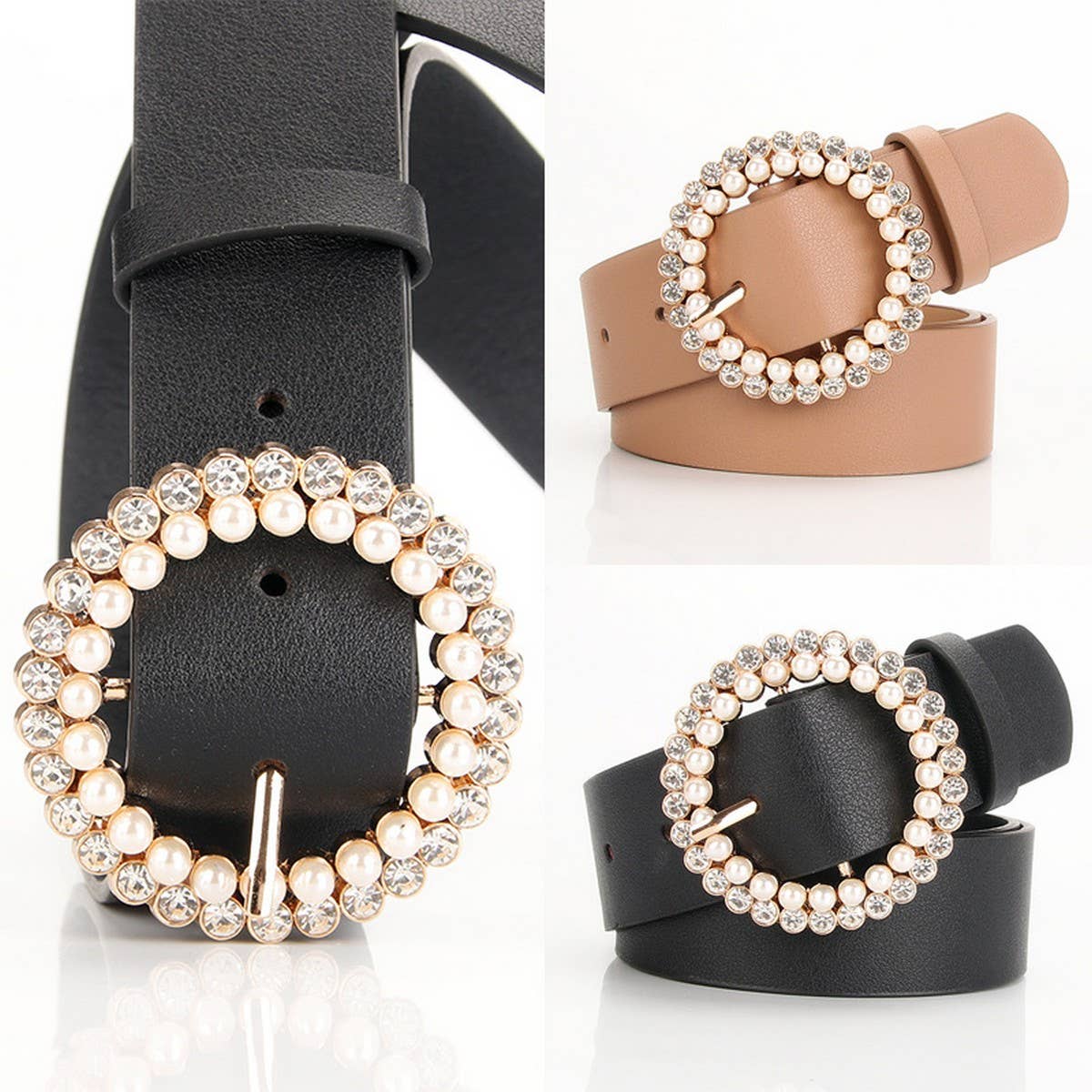 CLASSIC VINTAGE ROUND RHINESTONE PEARL BUCKLE BELT_CWABE0400