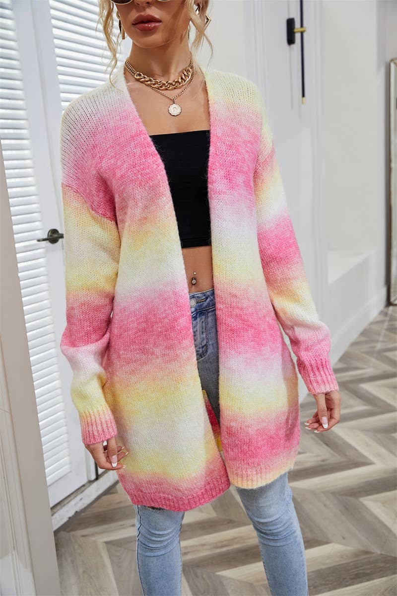 CWOCAL0935_RAINBOW TIE-DYE MID-LENGTH KNITTED CARDIGAN COAT