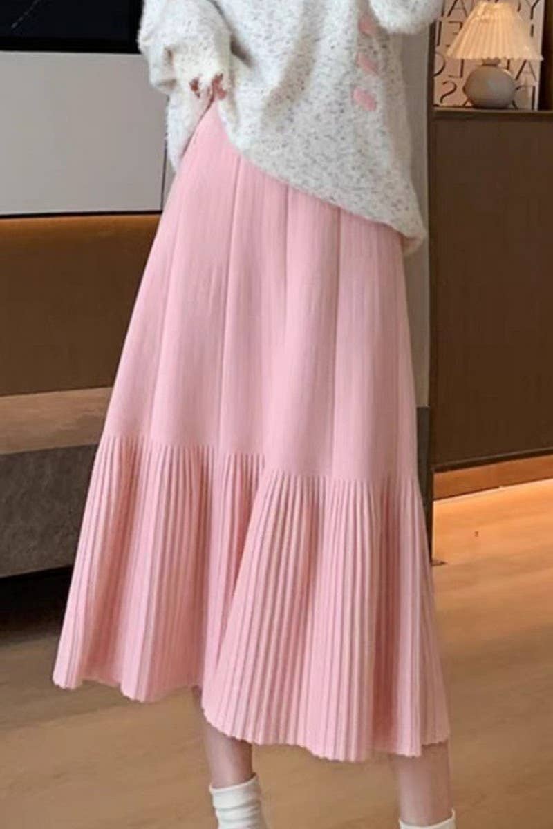 CWBLS0298_SOLID COLOR HIGH WAIST PLEATED KNITTED SKIRT