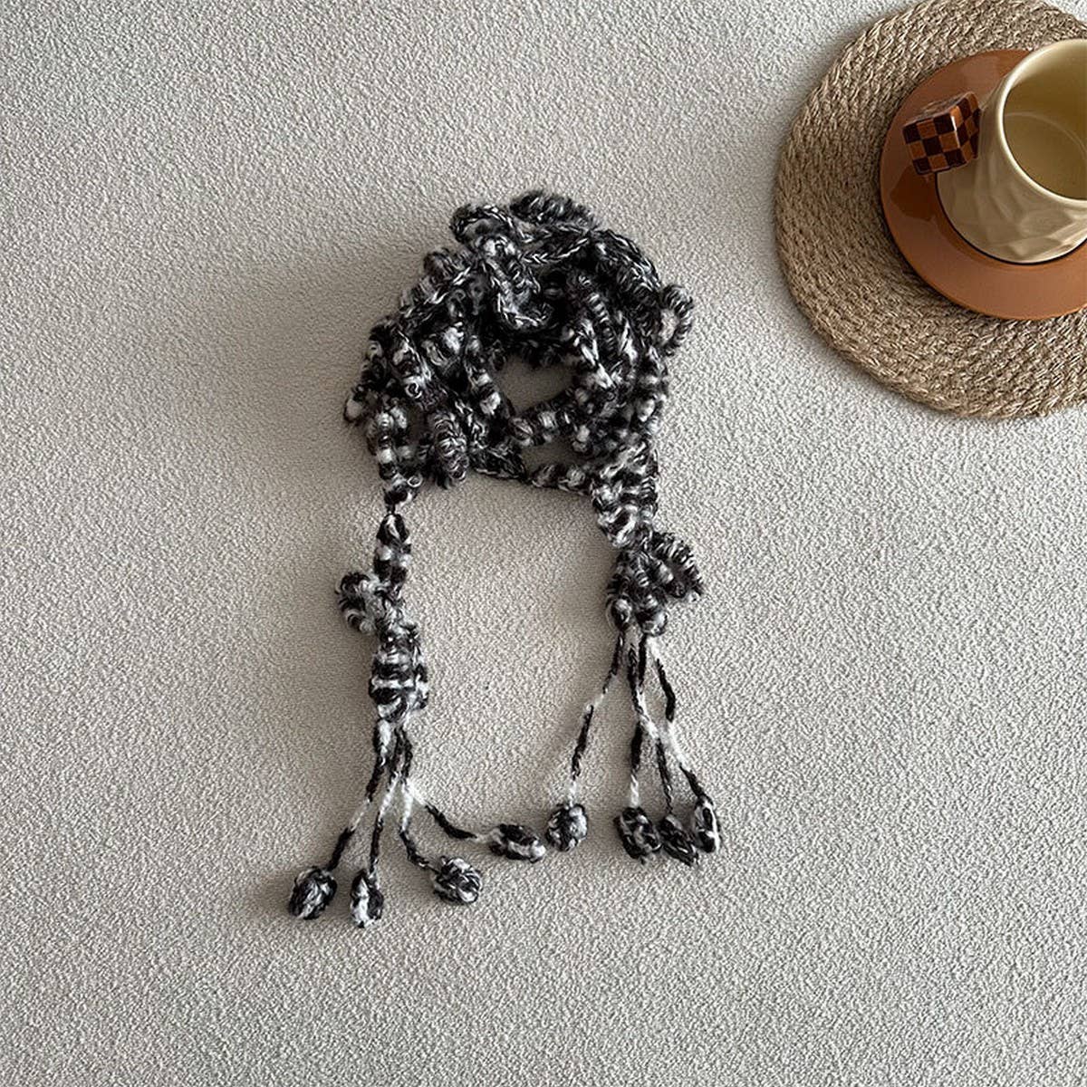 Floral Knit Skinny Scarf - Crochet Neck Wrap