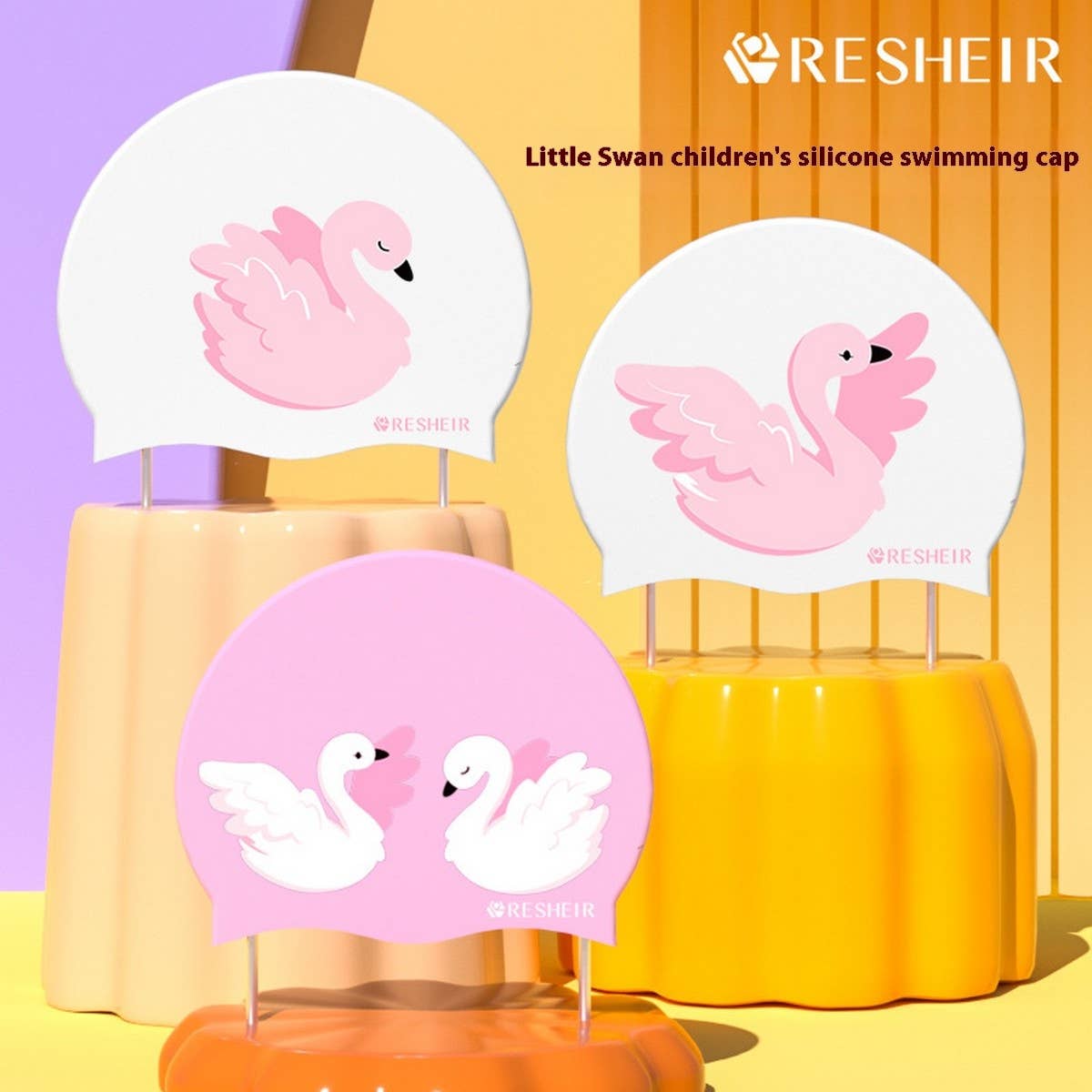 Kids Silicone Swim Cap - Cute Swan Print for Girls