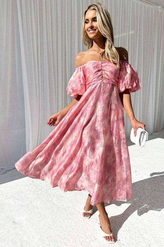 OFF THE SHOULDER SHORT SLEEVE FLORAL DRESS_CWDSD2975