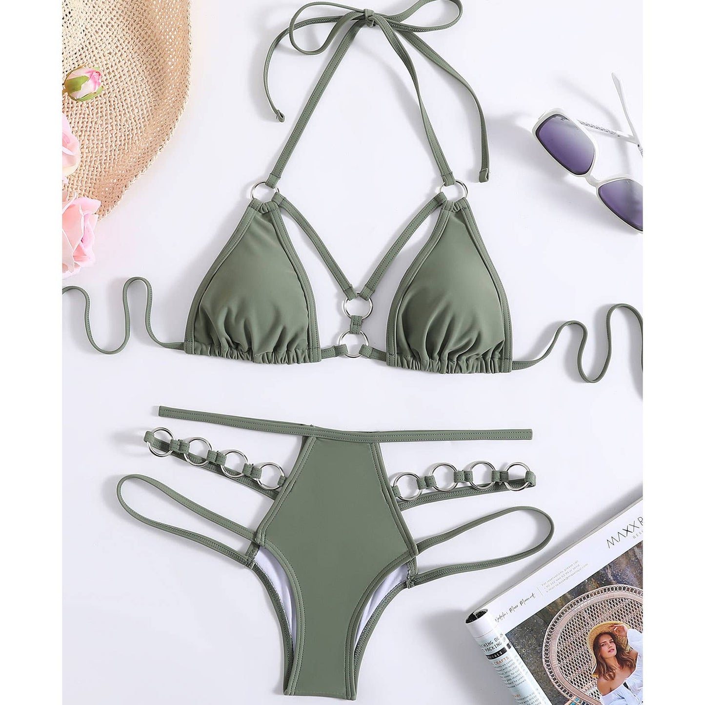 Metal Ring Bikini Set - Solid Color Swimsuit