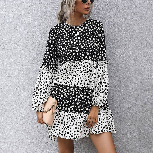 PRINT PATCHWORK RUFFLED SKIRT LONG-SLEEVED DRESS