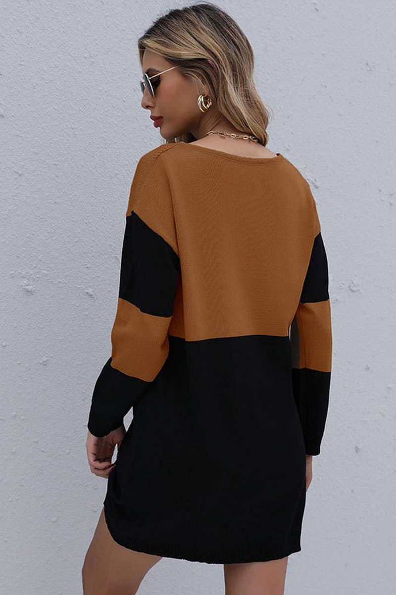 CWDSD7051_ROUND NECK LOOSE KNITTED PATCHWORK SWEATER DRESS