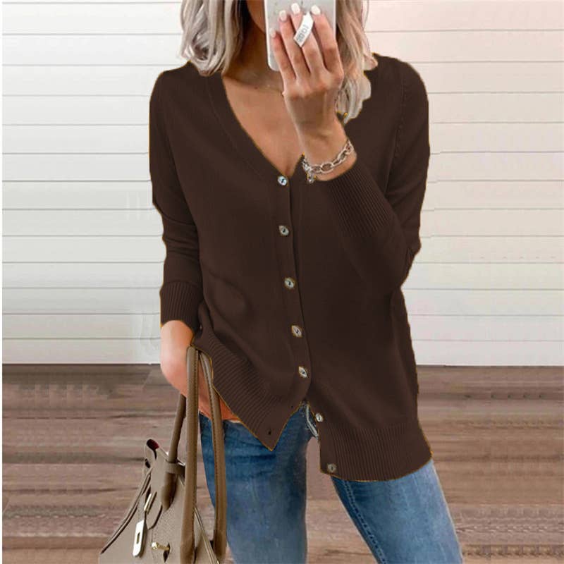 Solid-color button long-sleeved cardigan