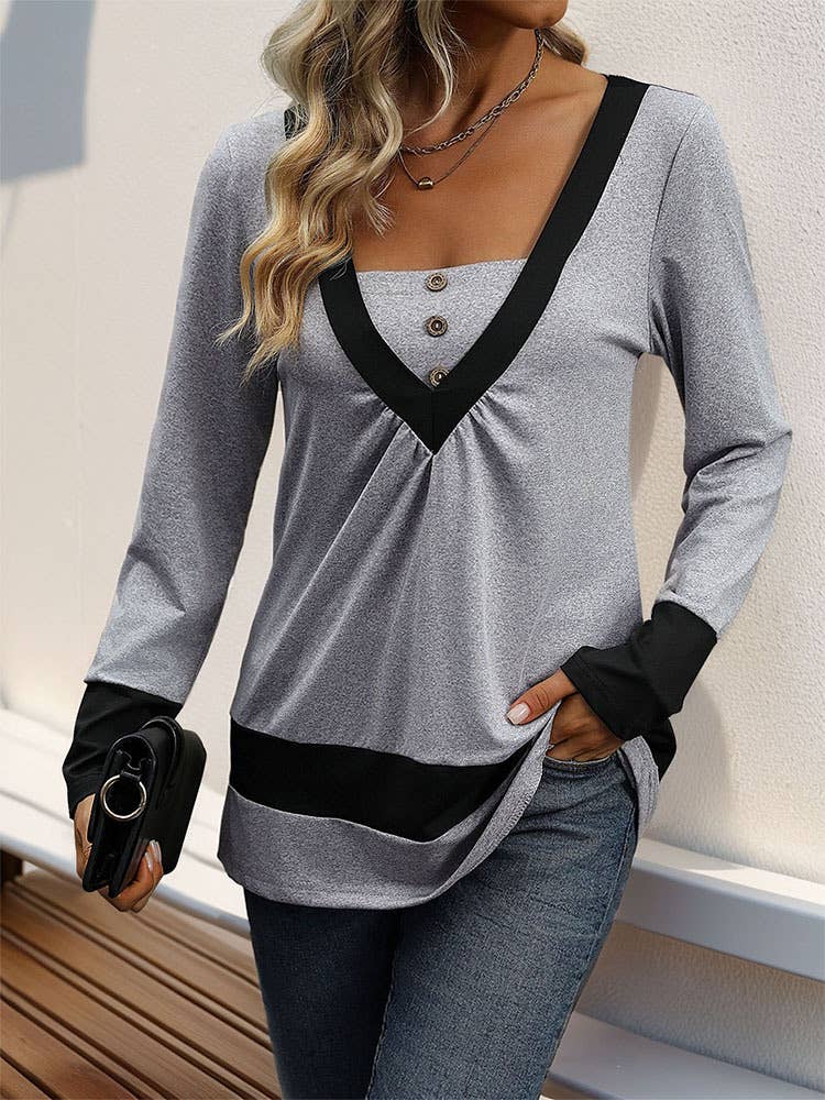 SIMPLE SOLID COLOR V-NECK LONG SLEEVE T-SHIRT