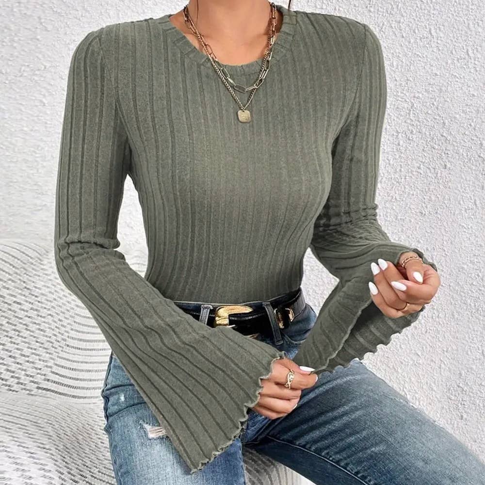 FLARED LONG-SLEEVED CREW NECK PULLOVER T-SHIRT