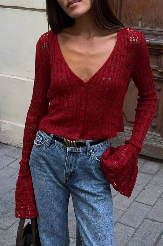 Cwttl2015_Knitted Sexy Hollow Trumpet Sleeve Top Cardigan