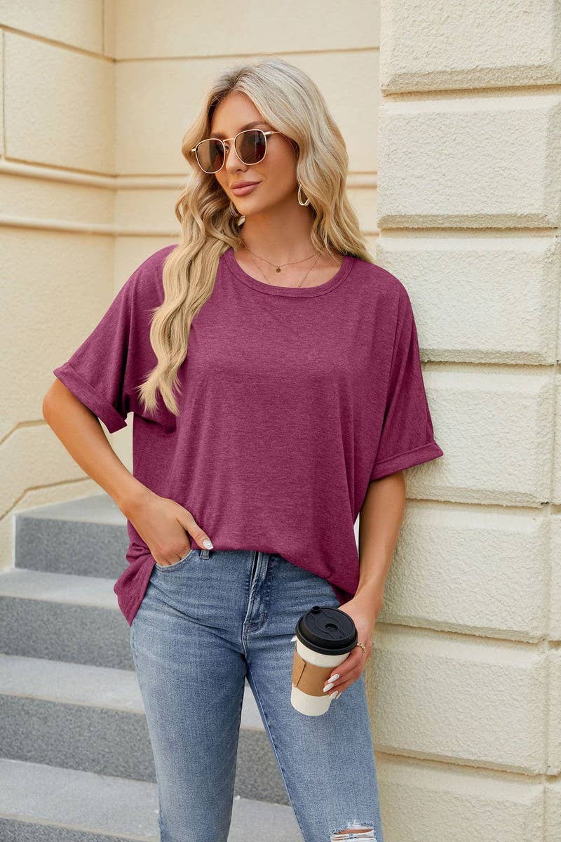 ROUND NECK SOLID COLOR SHORT SLEEVE LOOSE T SHIRT_CWTSTS0280