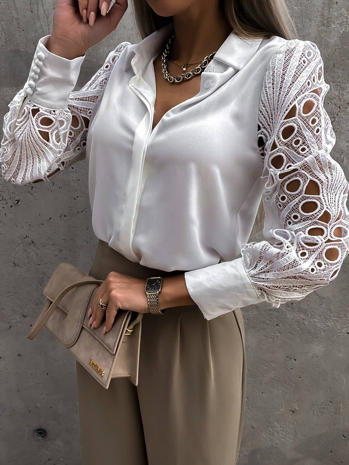 WOMEN'S SOLID COLOR LACE CUTOUT PATCHWORK SHIRT