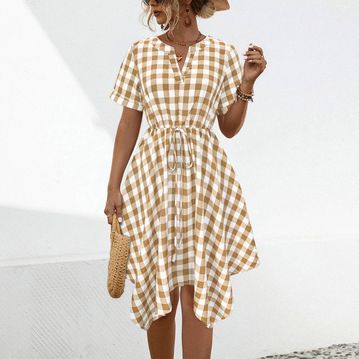 V-NECK PLAID IRREGULAR DRESS