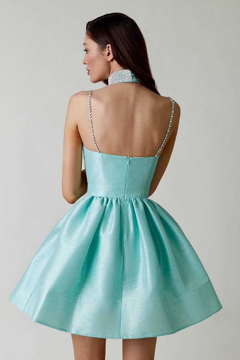 CWDTD0471_SEXY RUCHED RHINESTONE STRAP MINI DRESS