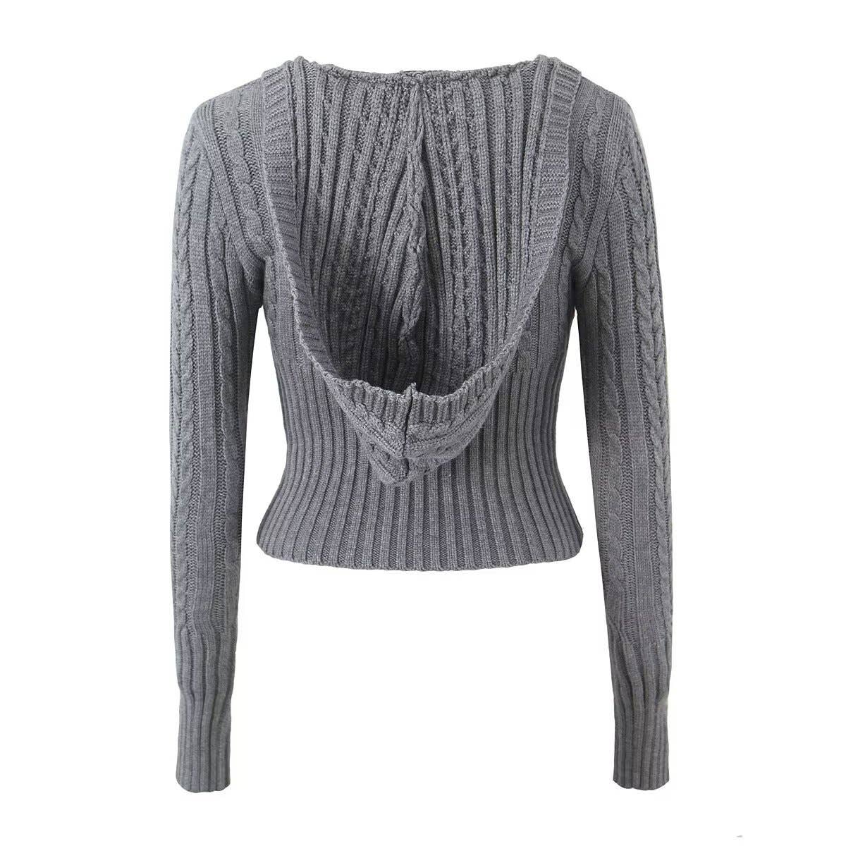 V-NECK HOODED SHORT KNIT SWEATER