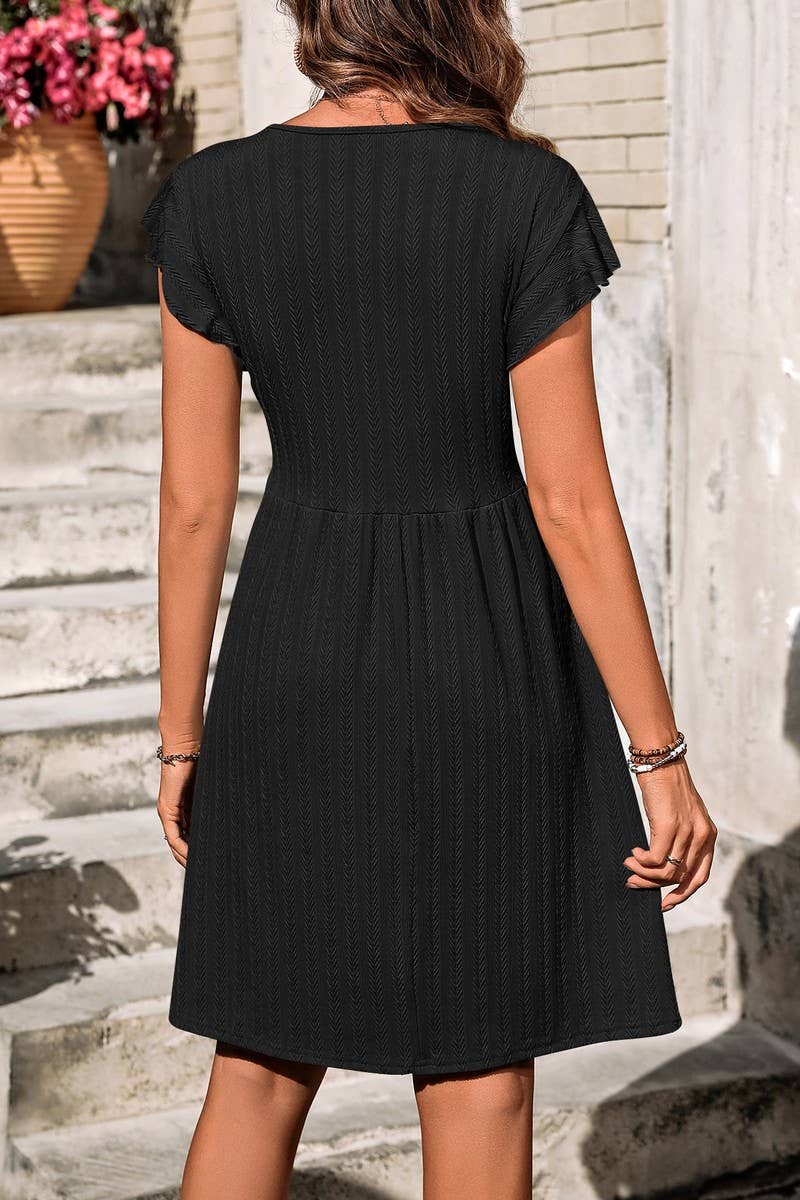 CWDSD6686_V-NECK BUTTON WAIST ELASTIC SHORT SLEEVE DRESS