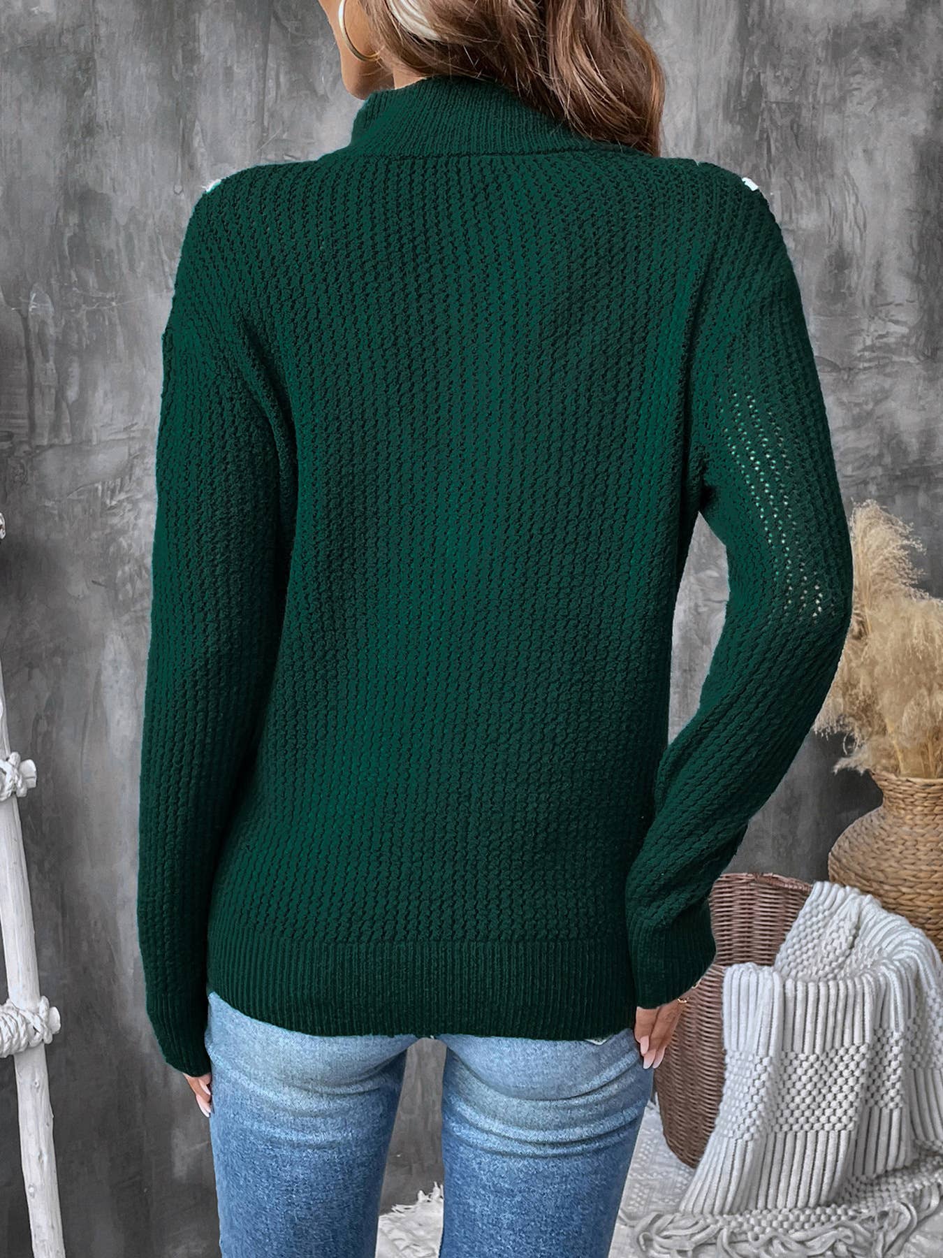 KNIT PULLOVER VINTAGE DARK GREEN LAPEL SWEATER