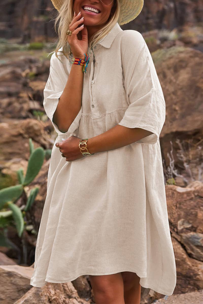 CWDSD8007_LOOSE SOLID COLOR CASUAL BUTTON FASHION DRESS